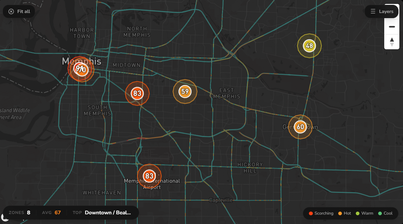 Memphis demand heatmap with zone scores, road network, and neighborhood labels